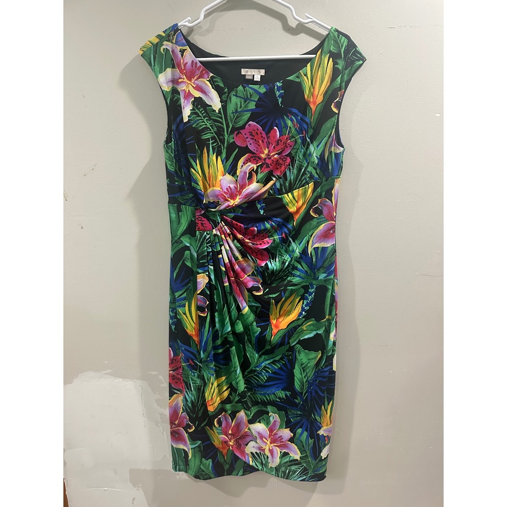 Dressbarn Signature Sadie Tropical Floral Sheath Dress Cap Sleeve Multi Size 12